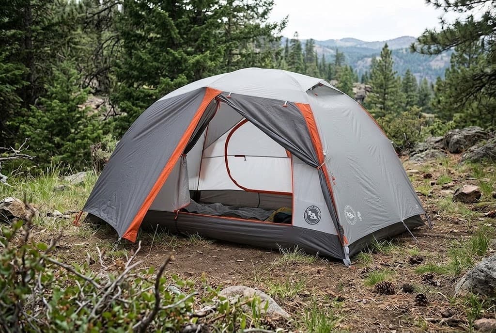 A gray tent with orange trim and an open entrance in a wooded mountain setting.