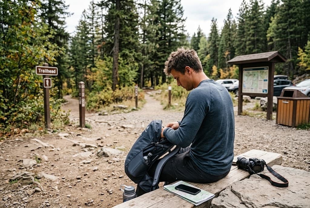 Illustrative trailhead scene with a person organizing a dark daypack on a bench.