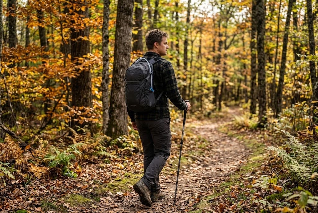Illustrative autumn trail scene with a hiker carrying a dark backpack and visible blue hydration tube.