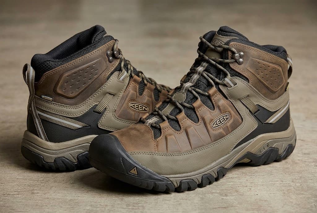 A pair of brown KEEN mid-height hiking boots with black toe caps and contrasting side panels.