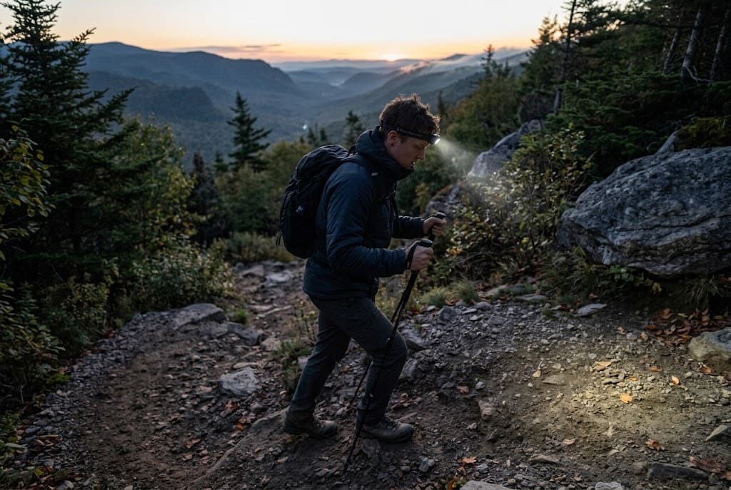 Illustrative dusk hiking scene with a person wearing an illuminated headlamp on a rocky trail.