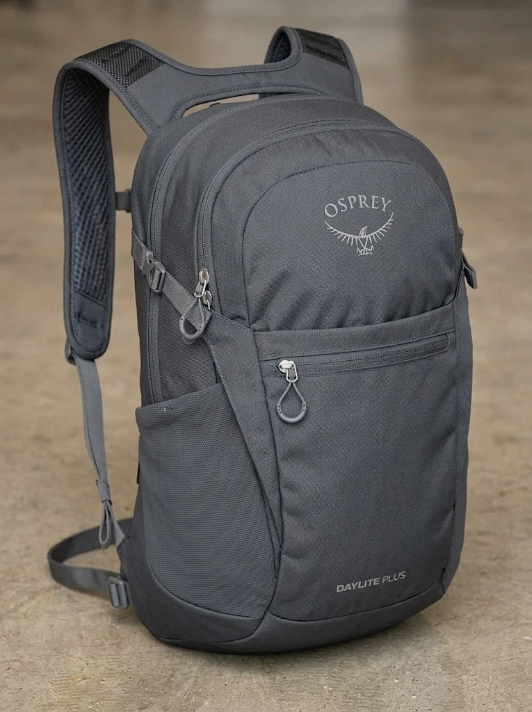 Owner-supplied close-up of the gray Osprey Daylite Plus, showing its front and side pocket.